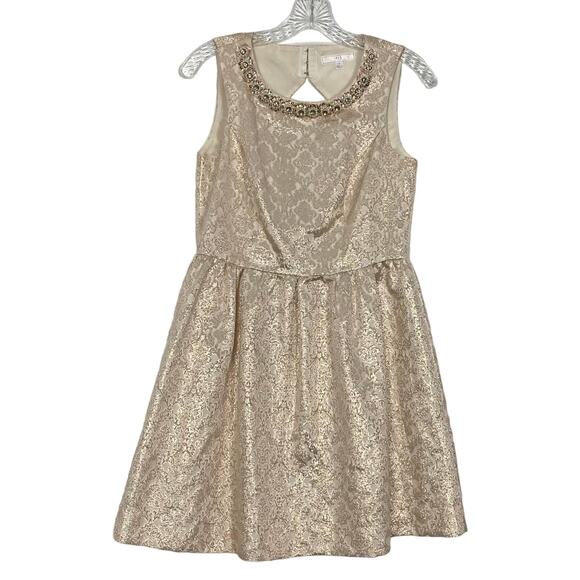 NWOT ROMEO+JULIET COUTURE Dress S Beaded Sequin Gold Jacquard Knee Zip - Picture 1 of 9